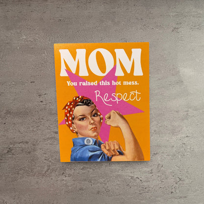 Impish Greetings Mother's Day card featuring a Rosie the Riveter style illustration on an orange background.
