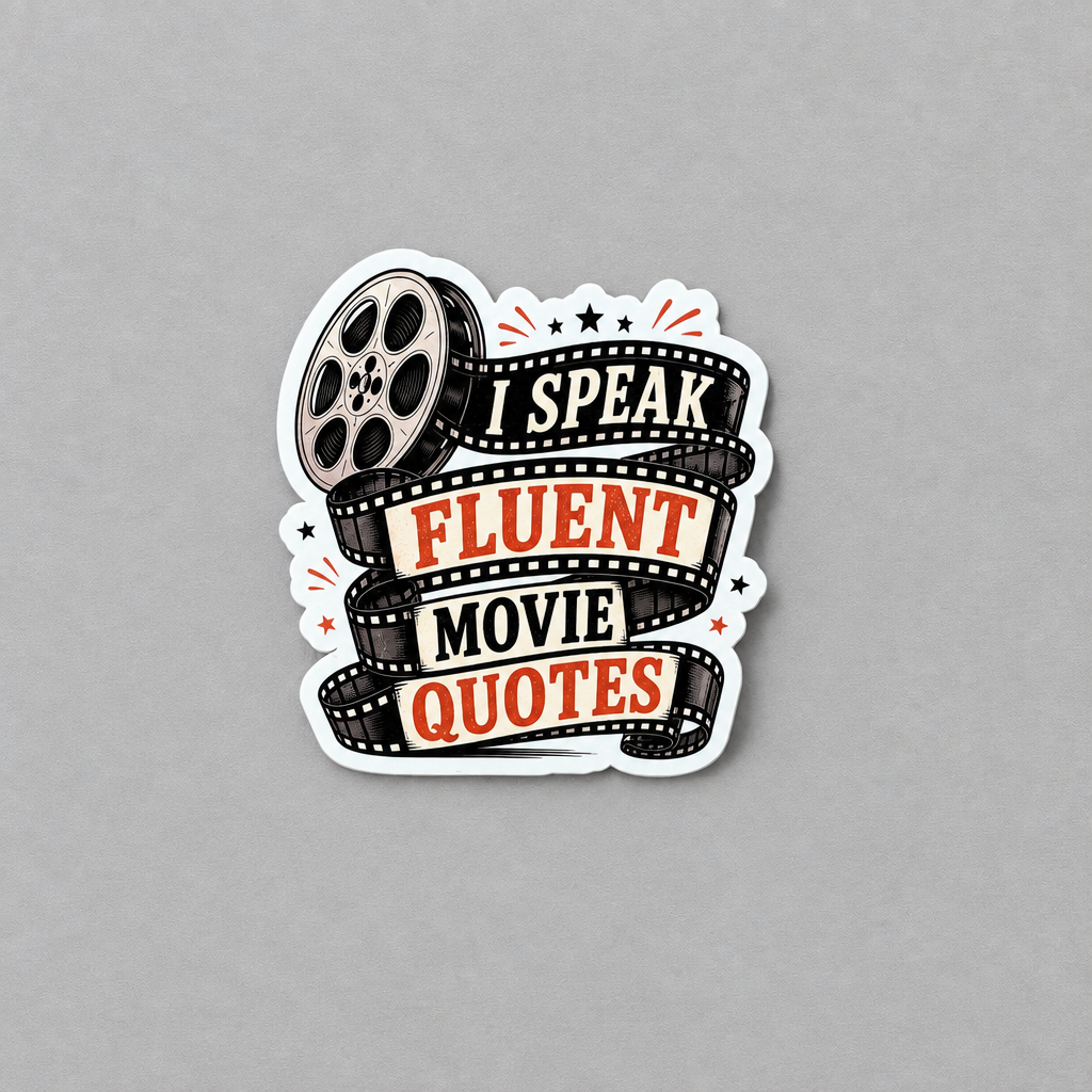 Impish Greetings I Speak Fluent Movie Quotes sticker featuring a film reel and strip design with bold typography.