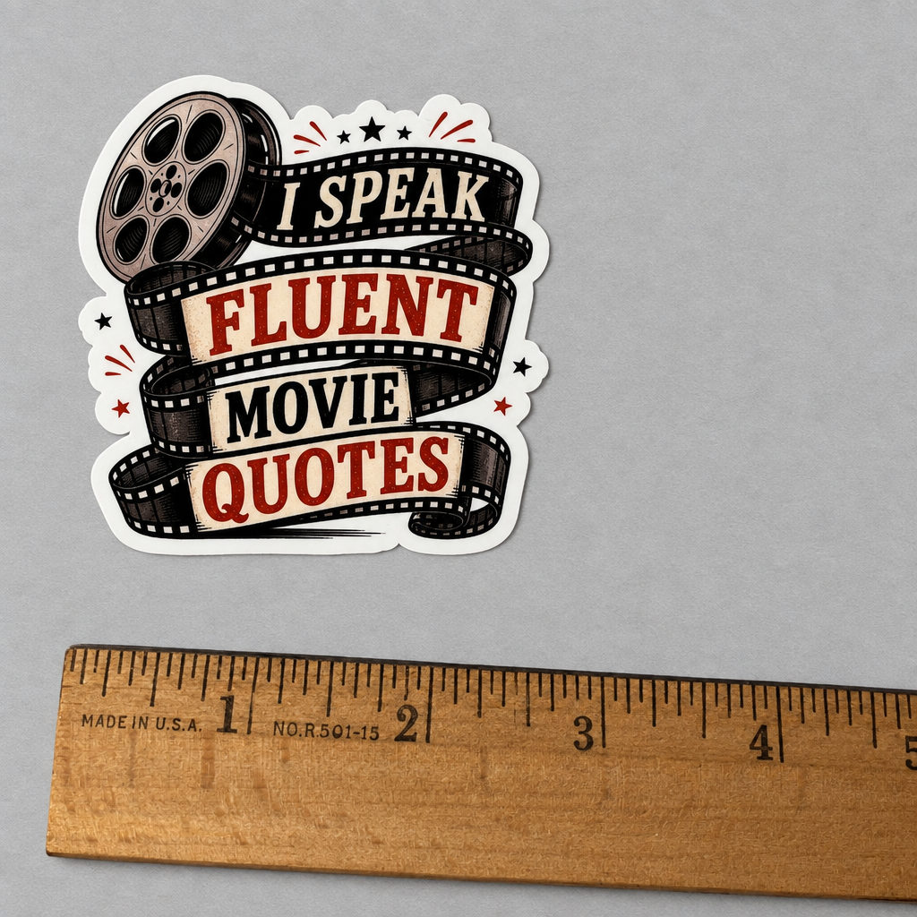 Impish Greetings I Speak Fluent Movie Quotes sticker with film reel design and glossy finish next to a wooden ruler.