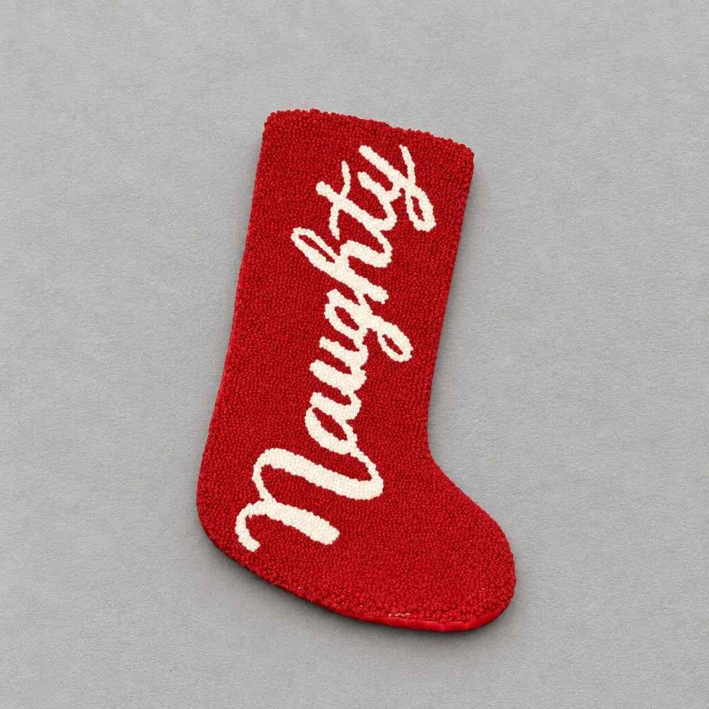 Impish Greetings Naughty Hook Stocking made of red wool with white cursive text on a grey background