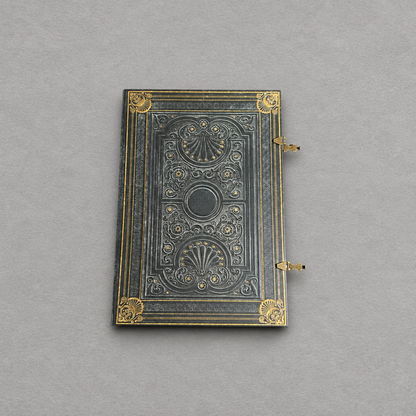 Impish Greetings Paperblanks Nocturnelle Grande journal with ornate black faux leather cover and gold metal clasps.