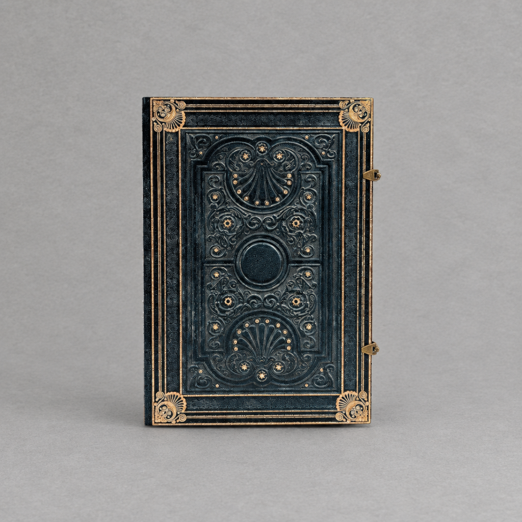 Impish Greetings Paperblanks Nocturnelle Grande hardcover journal with ornate black faux leather and gold metal clasp.