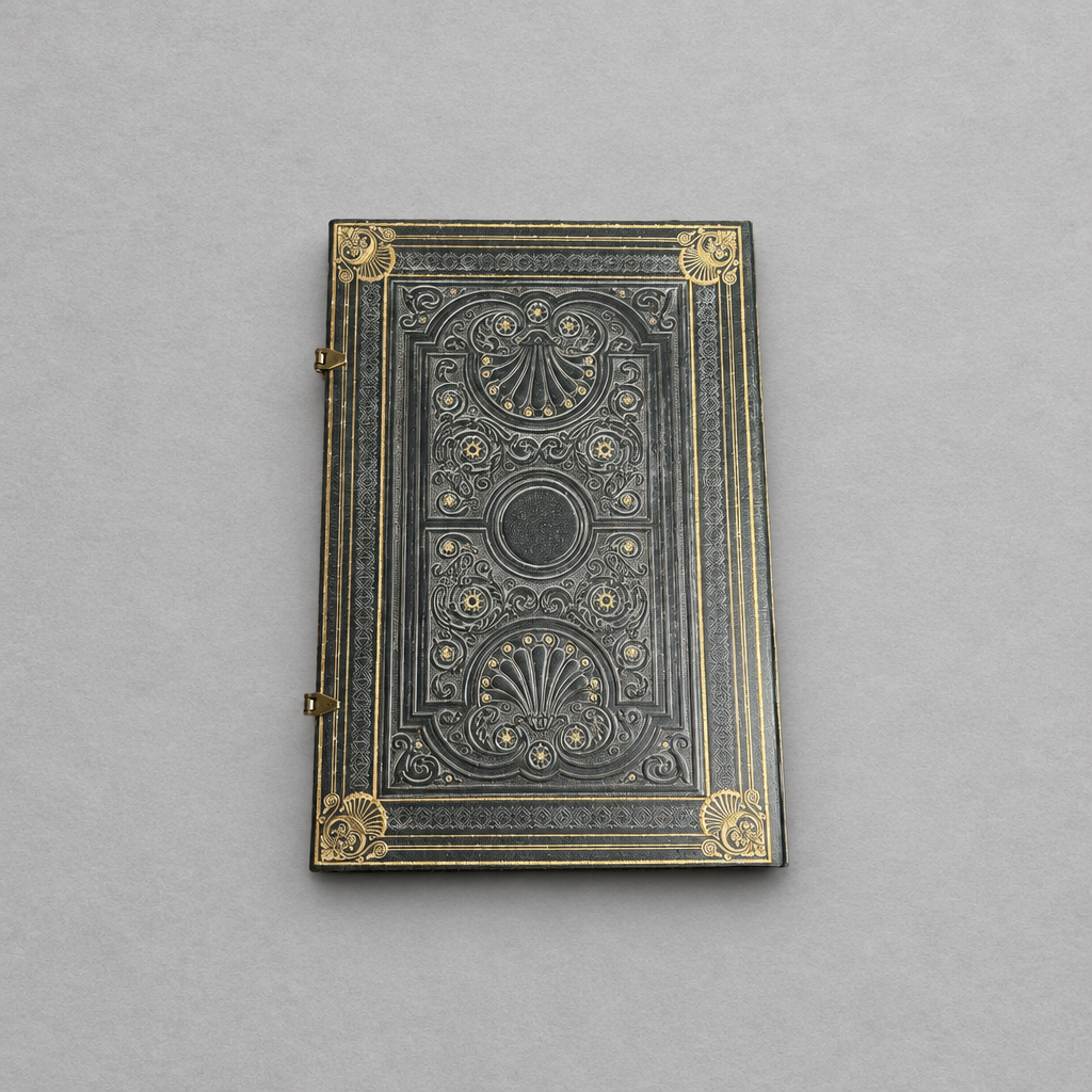 Impish Greetings Paperblanks Nocturnelle grande hardcover journal with ornate black faux leather and gold detailing.