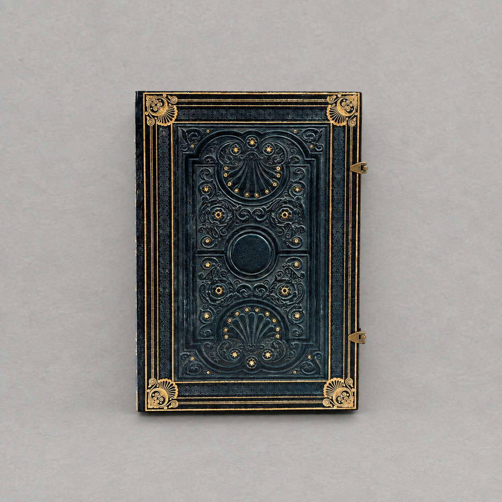 Impish Greetings Paperblanks Nocturnelle grande hardcover journal with ornate black faux leather and gold detailing.