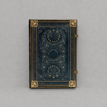 Impish Greetings Paperblanks Nocturnelle grande hardcover journal with ornate black faux leather and gold detailing.