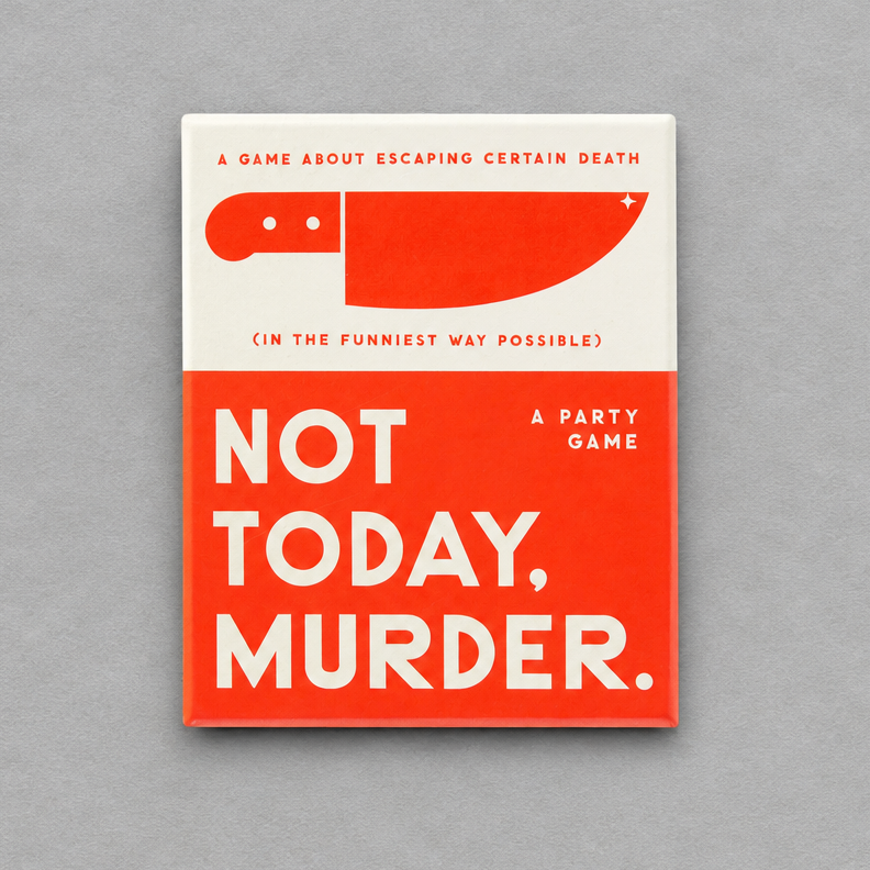 Impish Greetings Not Today Murder party game box with a red knife illustration on a cream and red background