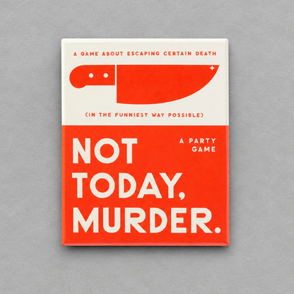 Impish Greetings Not Today Murder party game box with a red knife illustration on a cream and red background