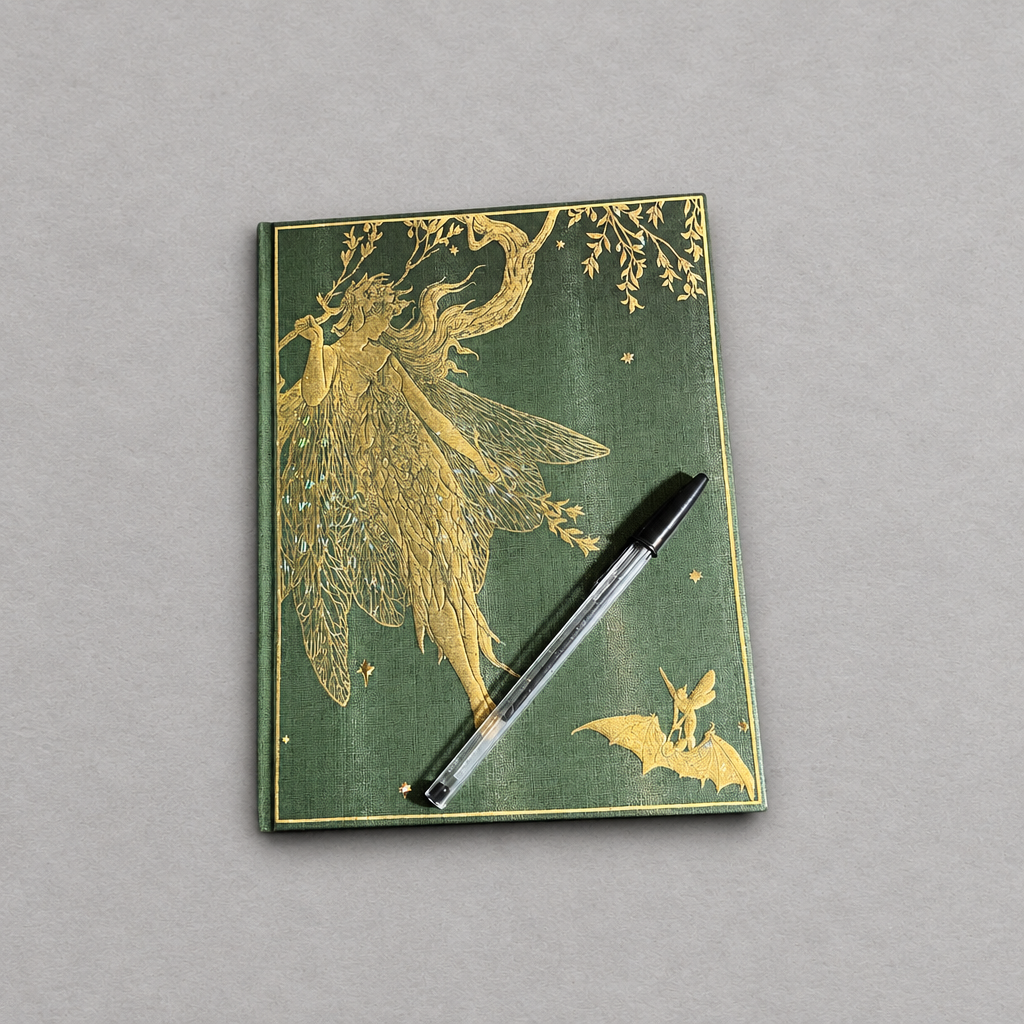 Impish Greetings hardcover journal in olive green with ornate gold foil fairy illustration and unlined pages