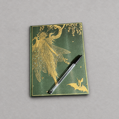 Impish Greetings hardcover journal in olive green with ornate gold foil fairy illustration and unlined pages
