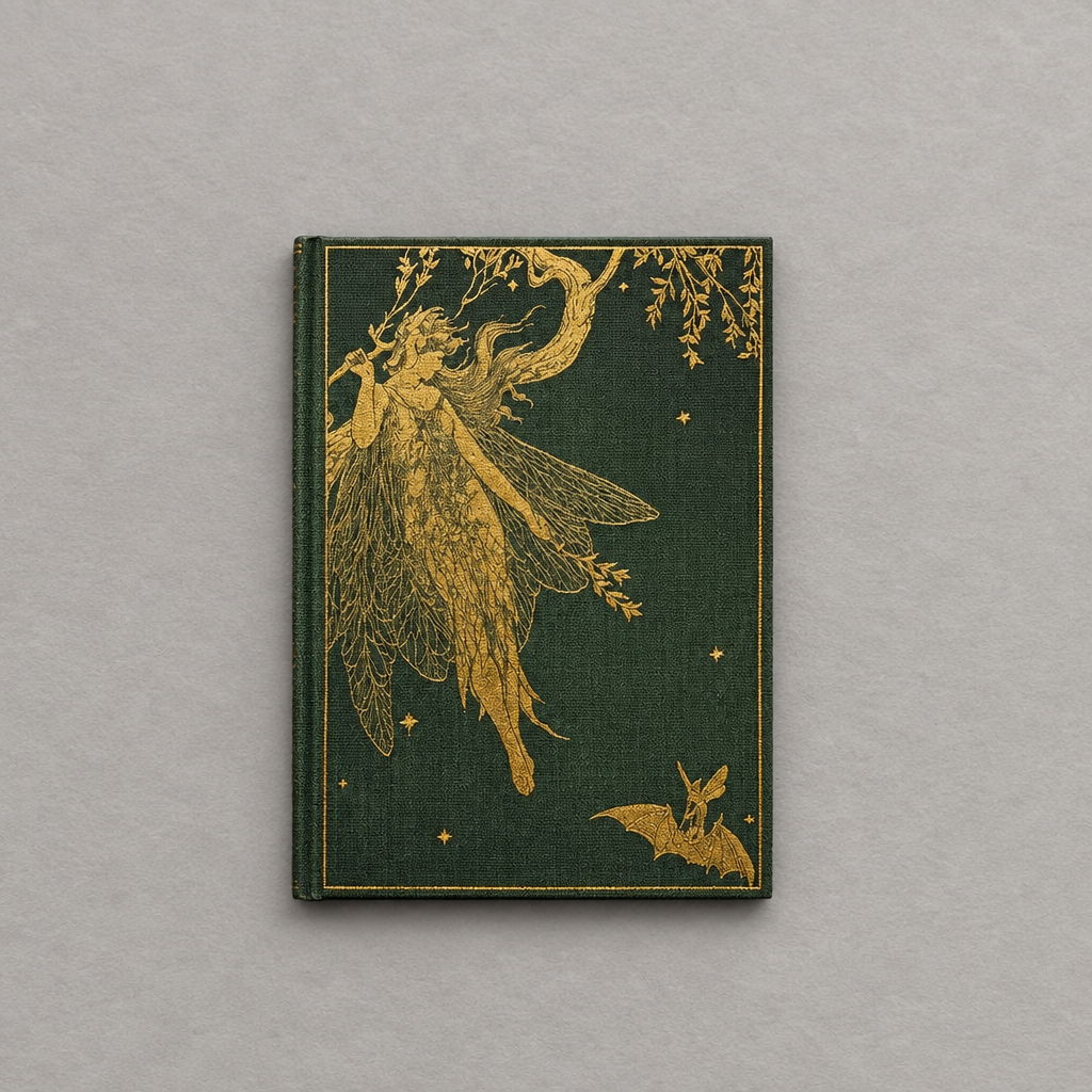 Impish Greetings hardcover journal in dark green with an ornate gold foil fairy illustration on the front cover.