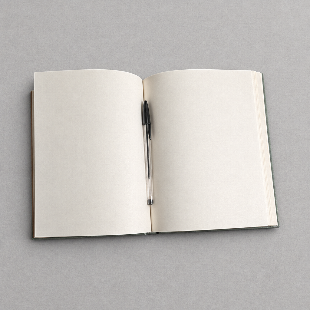 Impish Greetings Olive Fairy hardcover journal open to blank unlined pages with a black pen resting in the center