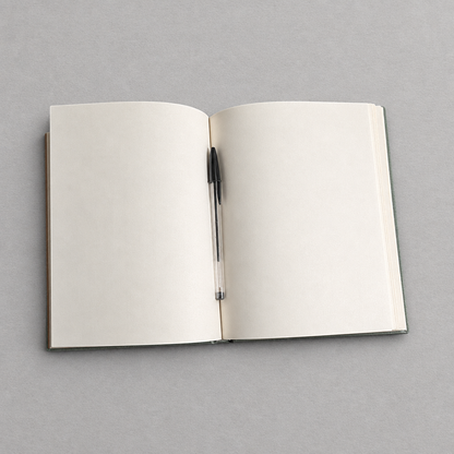 Impish Greetings Olive Fairy hardcover journal open to blank unlined pages with a black pen resting in the center