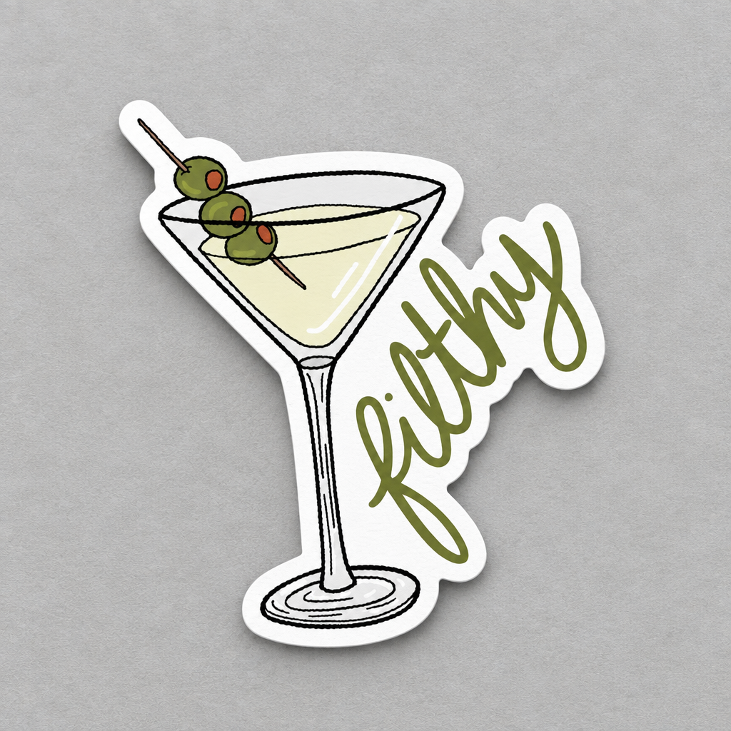 Impish Greetings Filthy Dirty Olive Martini sticker featuring a cocktail illustration with green text on vinyl.