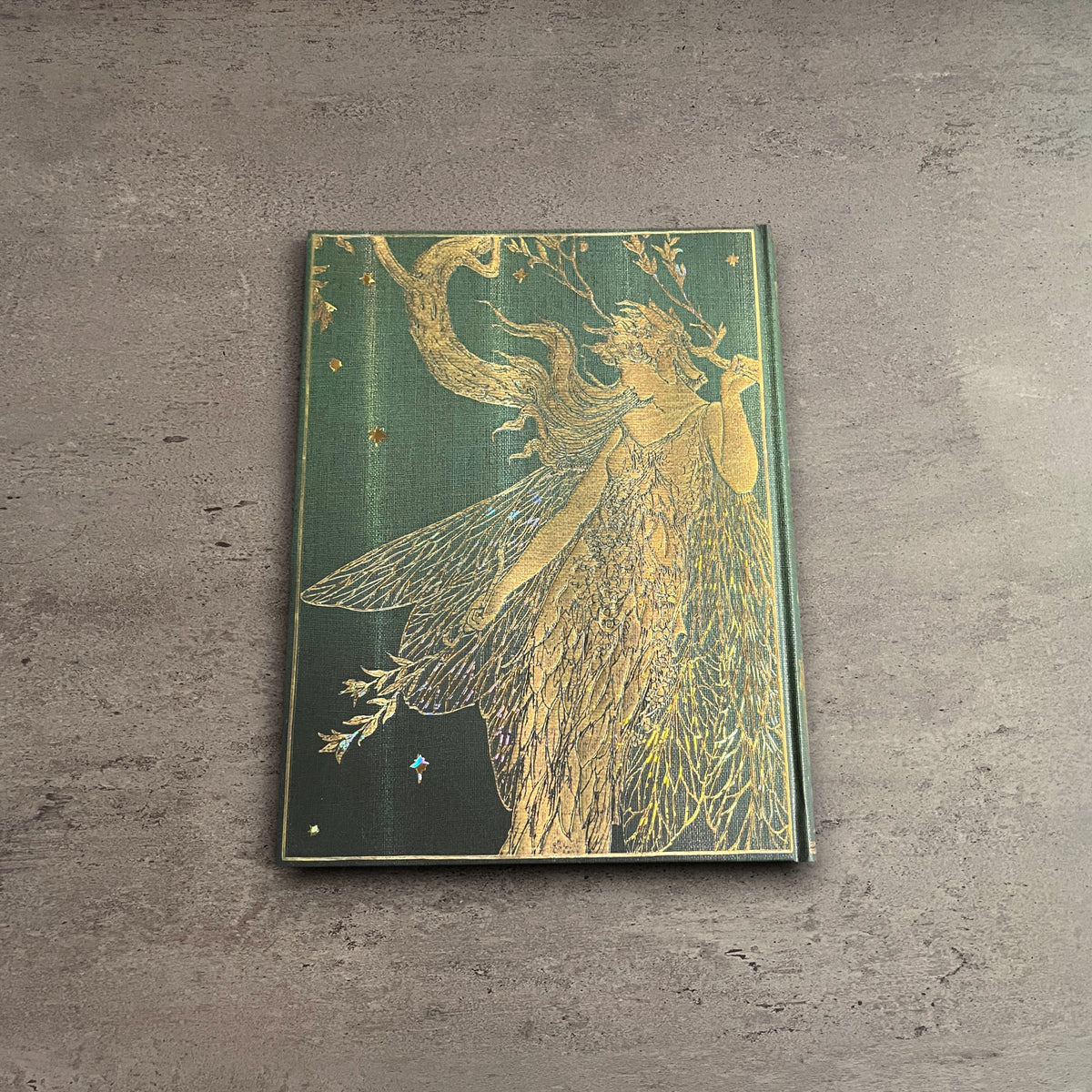 Impish Greetings Paperblanks Olive Fairy hardcover journal with ornate gold foil fairy illustration on green cover