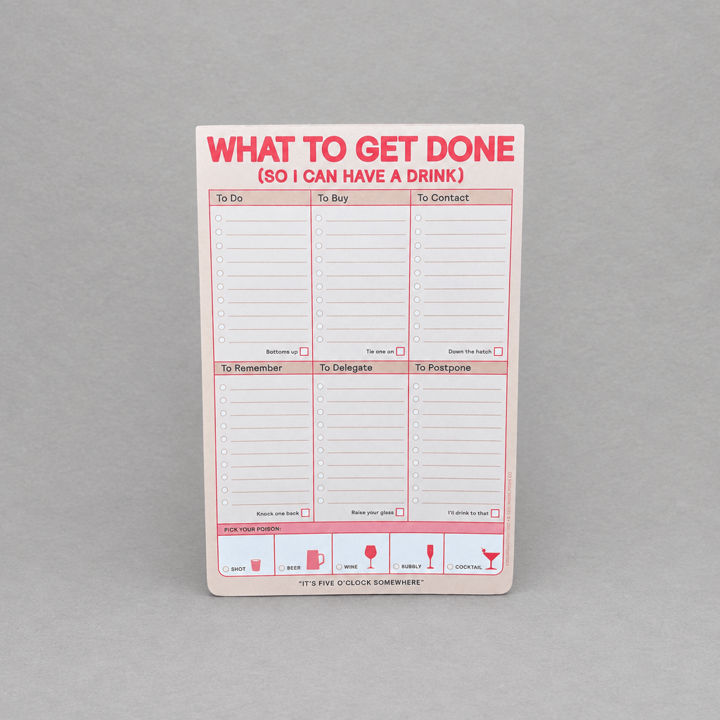 Impish Greetings pastel to-do list notepad with sections for tasks and a drink reward tracker on a grey background.