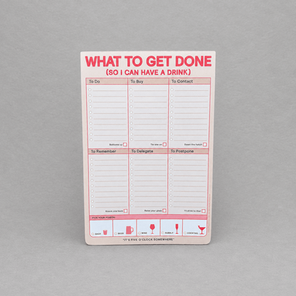 Impish Greetings pastel to-do list notepad with sections for tasks and a drink reward tracker on a grey background.