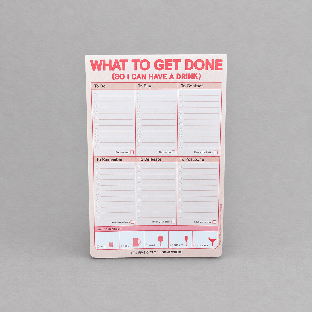 Impish Greetings pastel to-do list notepad with sections for tasks and a drink reward tracker on a grey background.