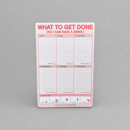 Impish Greetings pastel to-do list notepad with sections for tasks and a drink reward tracker on a grey background.