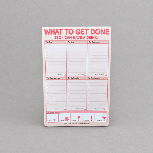 Impish Greetings pastel to-do list notepad with sections for tasks and a drink reward tracker on a grey background.