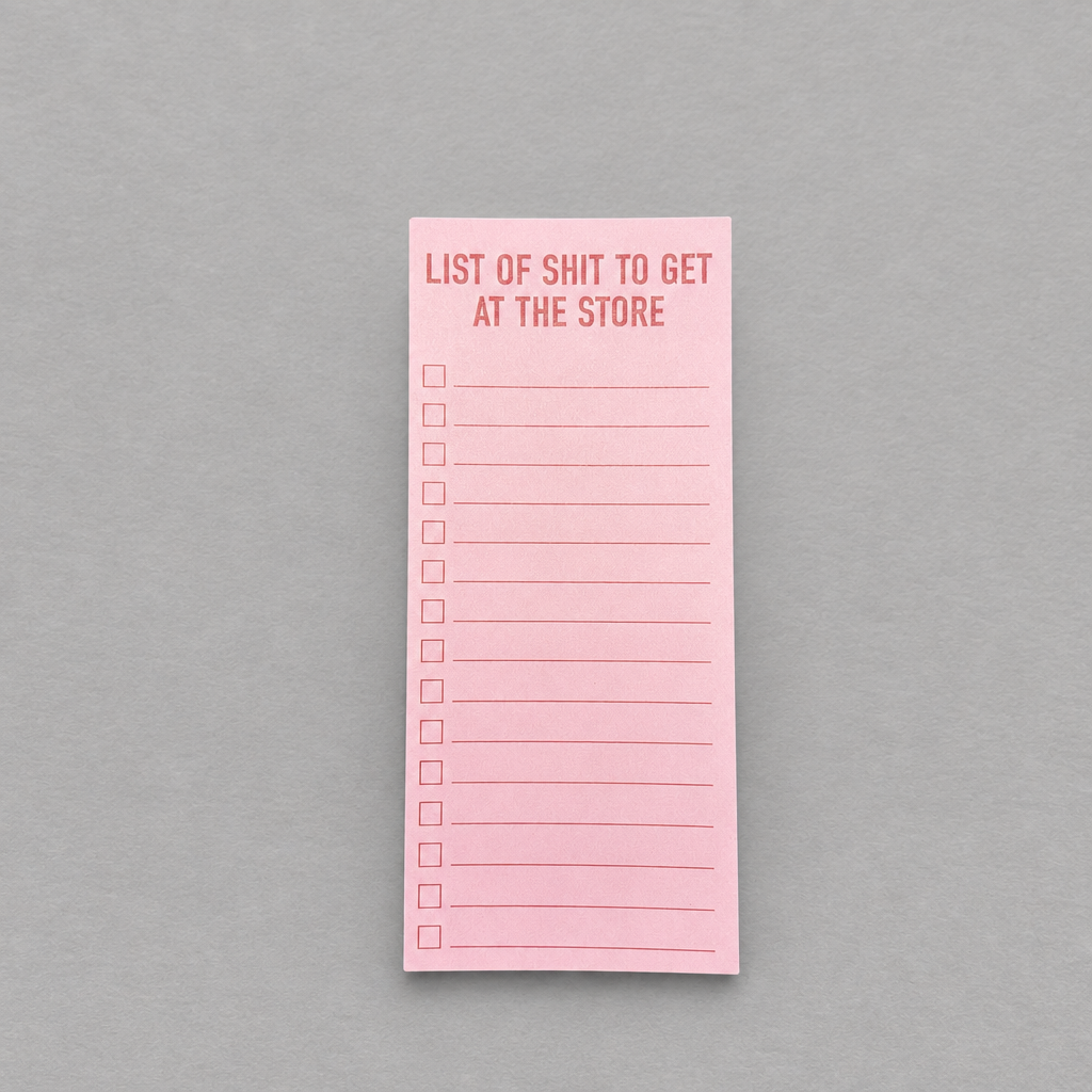 Impish Greetings pink magnetic grocery notepad with List of Shit to Get at the Store text and checklist boxes