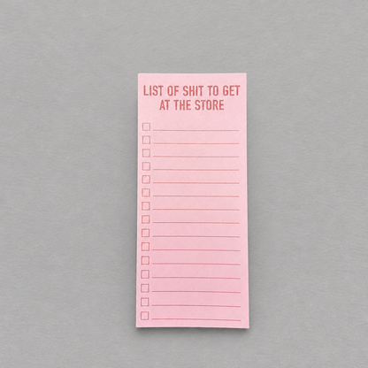 Impish Greetings pink magnetic grocery notepad with List of Shit to Get at the Store text and checklist boxes