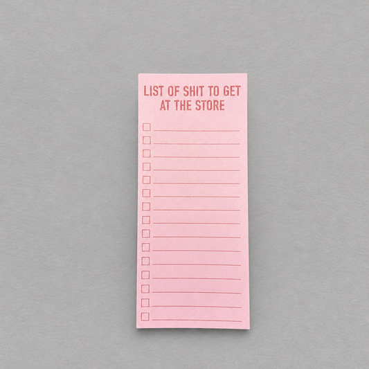 Impish Greetings pink magnetic grocery notepad with List of Shit to Get at the Store text and checklist boxes