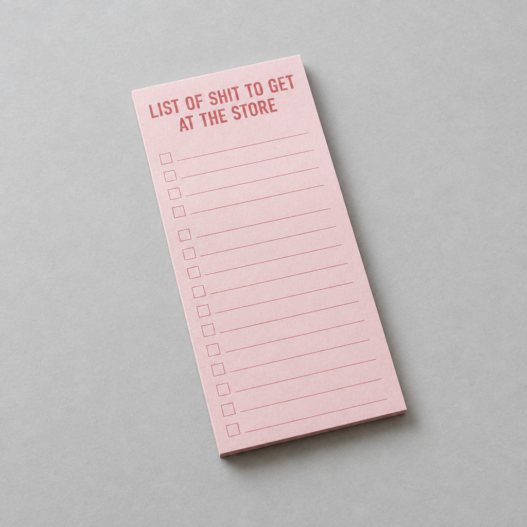 Impish Greetings pink magnetic grocery notepad with List of Shit to Get at the Store text and checklist boxes