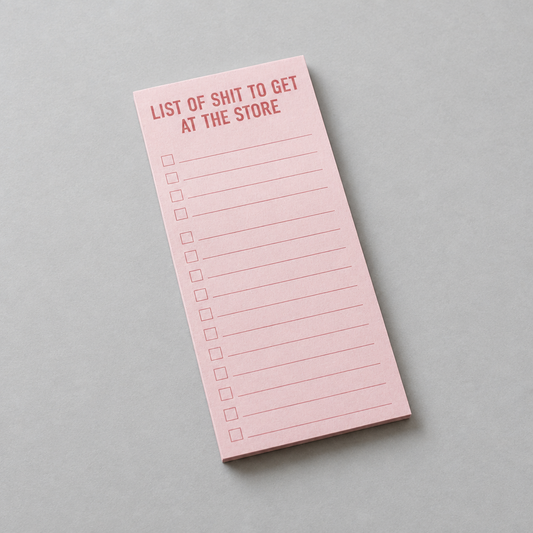 Impish Greetings pink magnetic grocery notepad with List of Shit to Get at the Store text and checklist boxes