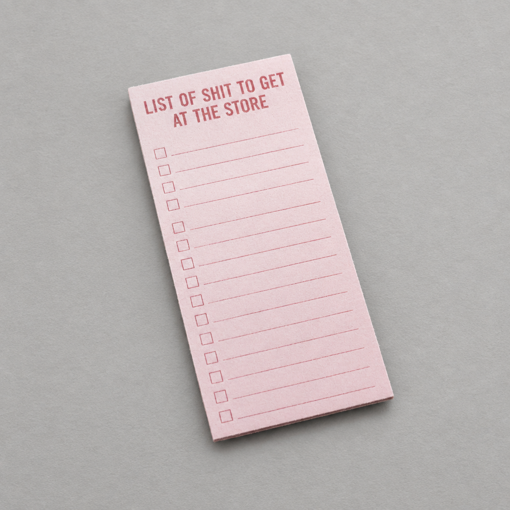 Impish Greetings magnetic shopping list notepad with pink paper and List of Shit to Get at the Store printed header