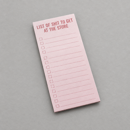 Impish Greetings magnetic shopping list notepad with pink paper and List of Shit to Get at the Store printed header
