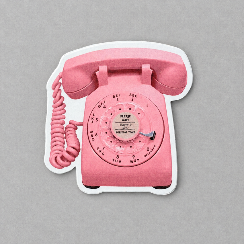 Impish Greetings retro pink rotary phone vinyl sticker with a matte finish and vintage dial design.