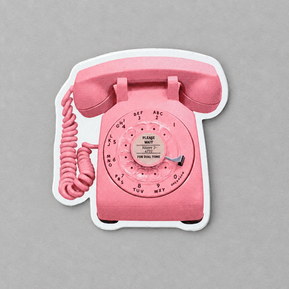 Impish Greetings retro pink rotary phone vinyl sticker with a matte finish and vintage dial design.