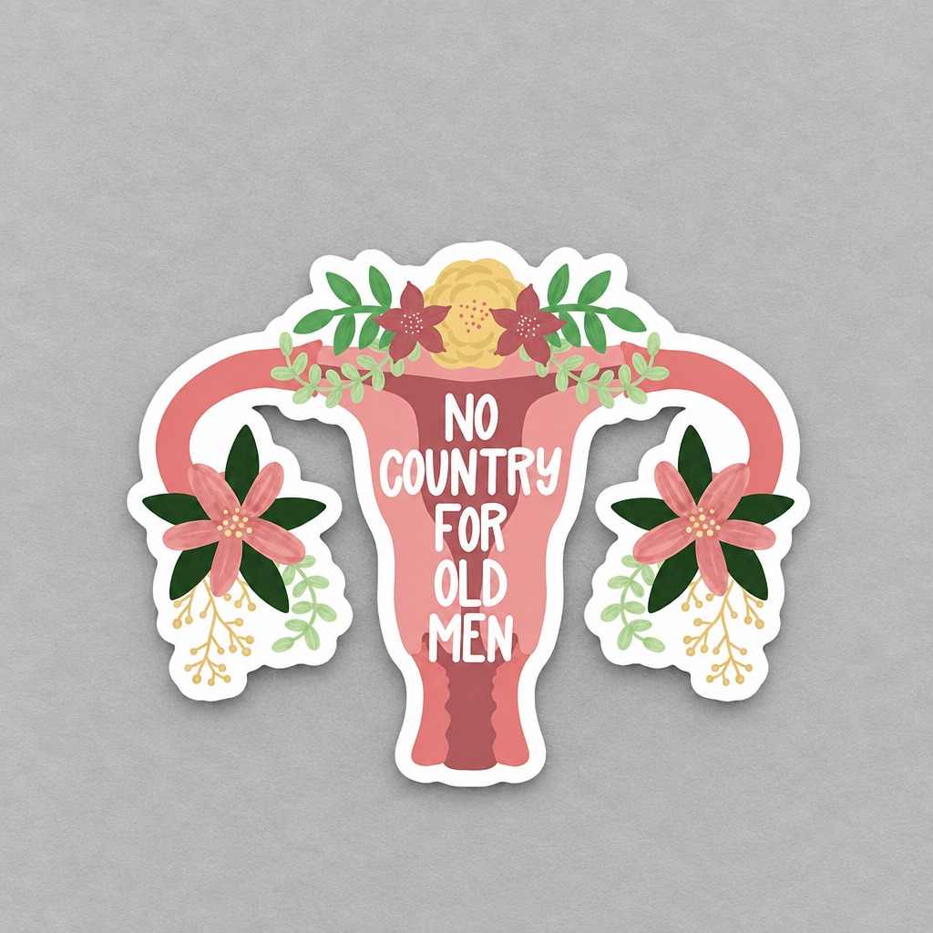 Impish Greetings pro choice vinyl sticker featuring a pink uterus illustration decorated with flowers and leaves.
