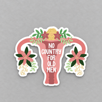 Impish Greetings pro choice vinyl sticker featuring a pink uterus illustration decorated with flowers and leaves.