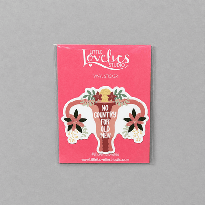 Impish Greetings pro choice vinyl sticker featuring a floral uterus illustration with No Country For Old Men text.