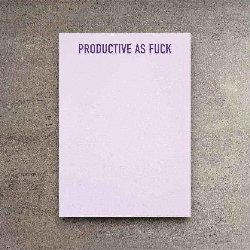Impish Greetings Productive As Fuck notepad with light purple paper and bold dark purple text for to-do lists.