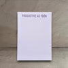 Impish Greetings Productive As Fuck notepad with purple text on a white background, 5x7 tear-off stationery.
