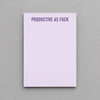 Impish Greetings Productive As Fuck notepad with purple text on a light lavender paper sheet
