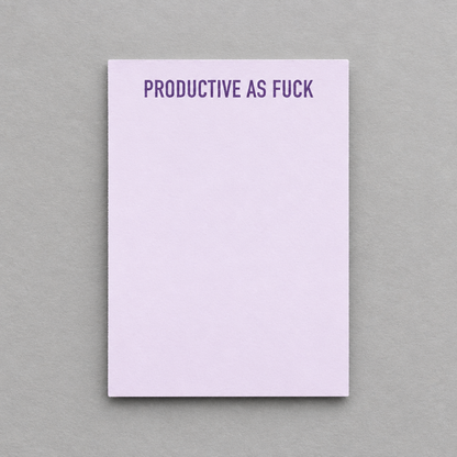 Impish Greetings Productive As Fuck notepad with purple text on a light lavender paper sheet