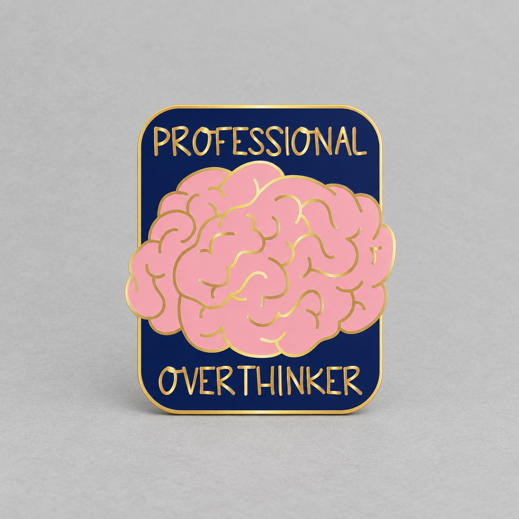 Impish Greetings Professional Over-thinker enamel pin with a pink brain design on a navy background and gold plating.