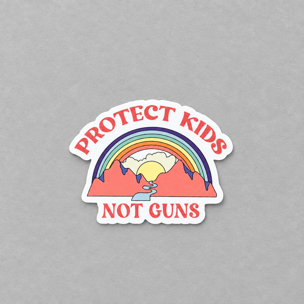 Impish Greetings Protect Kids Not Guns vinyl sticker featuring a colorful rainbow, sun, and mountain landscape design.