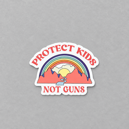 Impish Greetings Protect Kids Not Guns vinyl sticker featuring a colorful rainbow, sun, and mountain landscape design.