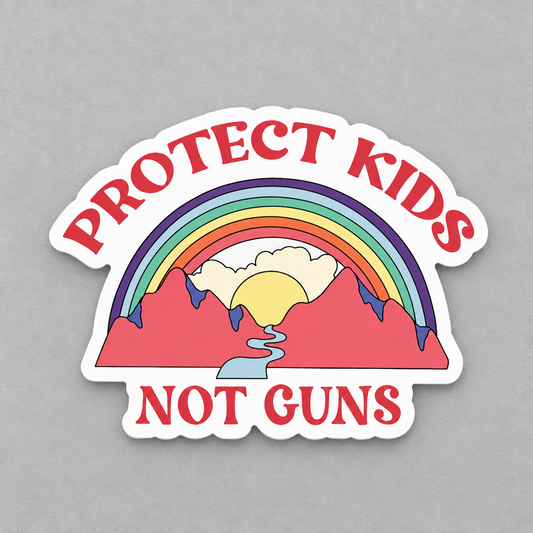 Impish Greetings Protect Kids Not Guns vinyl sticker featuring a colorful rainbow, sun, and mountain landscape design.