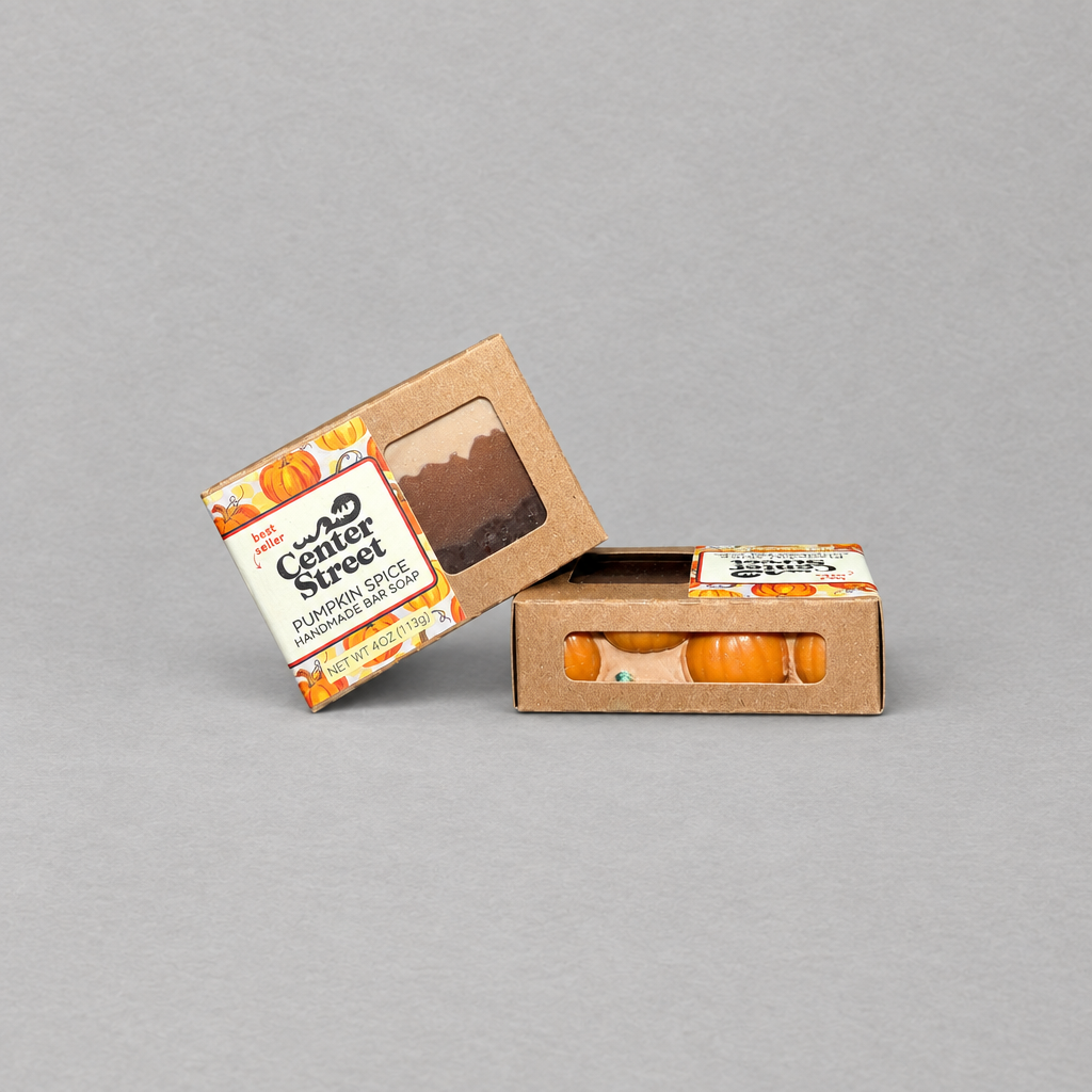 Impish Greetings Pumpkin Spice handmade bar soap in kraft paper packaging with decorative pumpkin accents