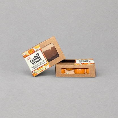 Impish Greetings Pumpkin Spice handmade bar soap in kraft paper packaging with decorative pumpkin accents