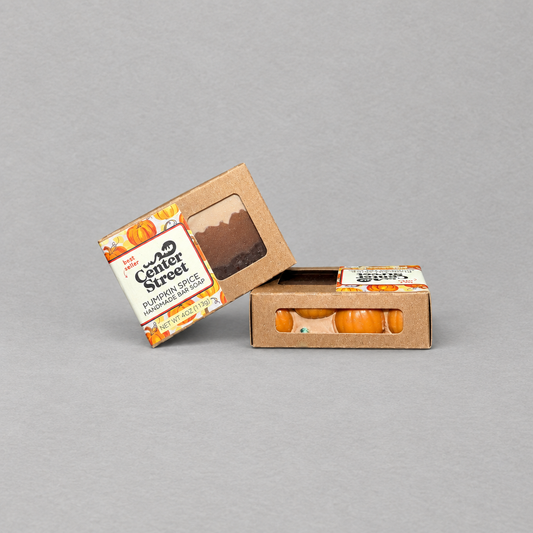 Impish Greetings Pumpkin Spice handmade bar soap in kraft paper packaging with decorative pumpkin accents
