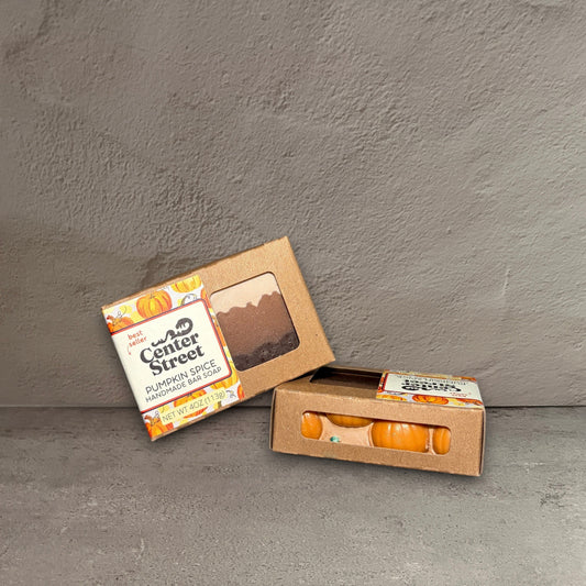 Impish Greetings Center Street pumpkin spice handmade bar soap in decorative cardboard packaging with pumpkin accents