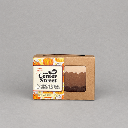 Impish Greetings Center Street Soap Company pumpkin spice handmade bar soap in a kraft box with autumn illustrations