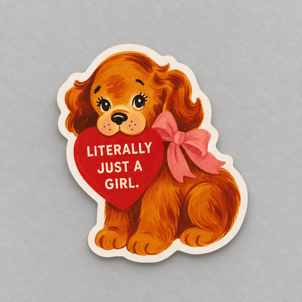 Impish Greetings vinyl sticker featuring a cute brown puppy holding a red heart that says Literally Just a Girl.