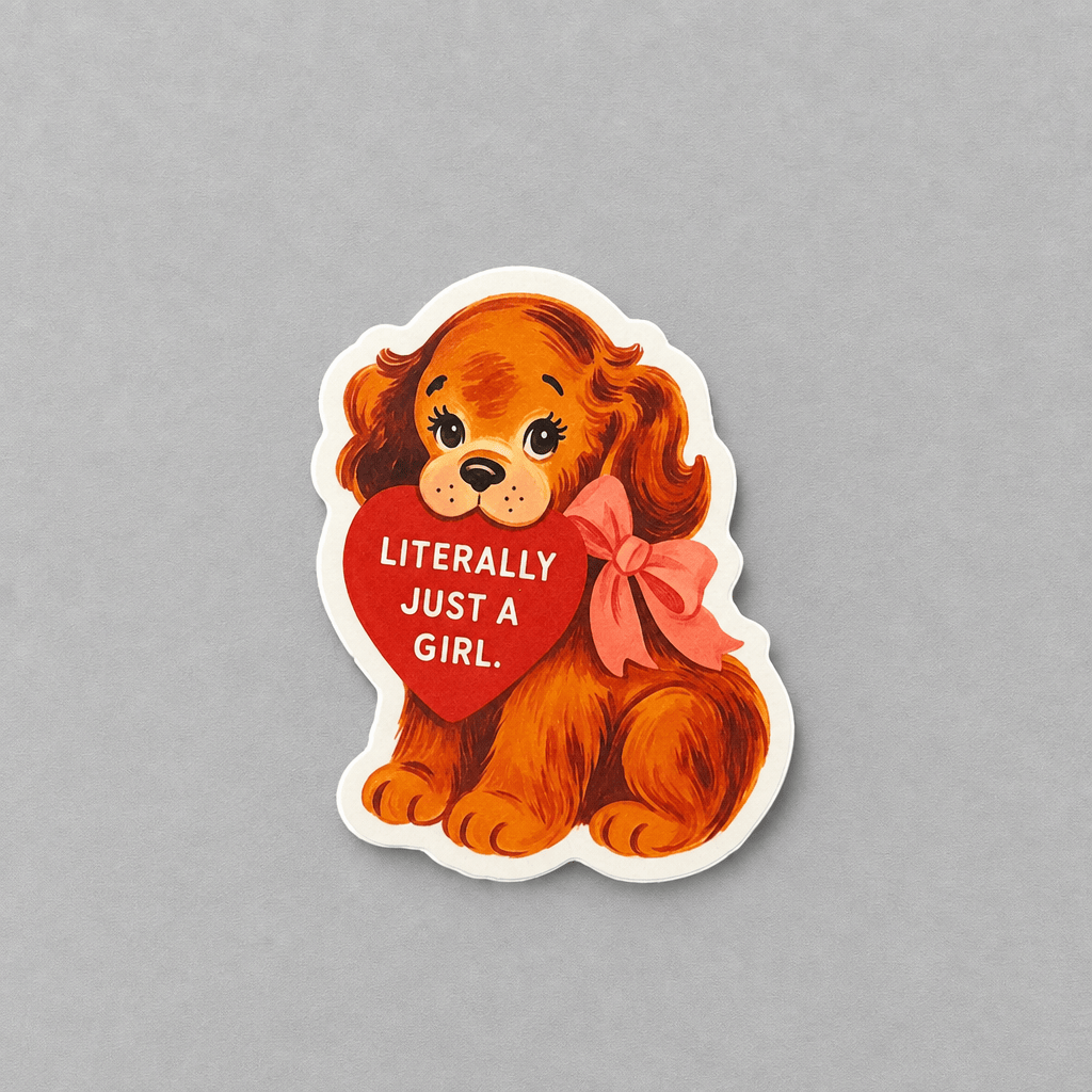 Impish Greetings vinyl sticker featuring a cute brown puppy holding a red heart that says Literally Just a Girl.